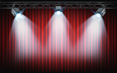 明亮的舞台聚光灯照耀在红色窗帘背景上. 3d渲染照片