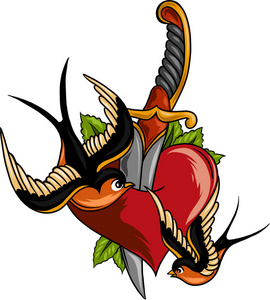 手绘刀详细的手绘插图,旧弯曲匕首刀刺穿心脏.