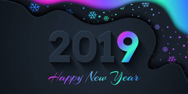 2019年新年快乐黑暗背景，色彩斑斓的渐变形状组成。 创意时尚假日插图