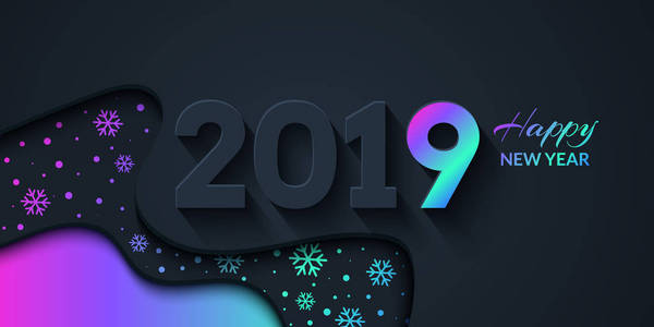 2019年新年快乐黑暗背景，色彩斑斓的渐变形状组成。 创意时尚假日插图