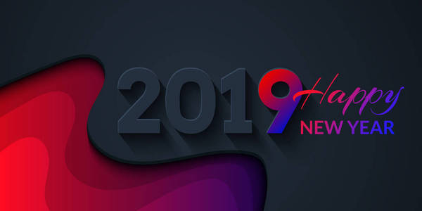 2019年新年快乐黑暗背景，色彩斑斓的渐变形状组成。 创意时尚假日插图