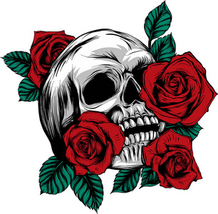 白色背景上有玫瑰的头骨