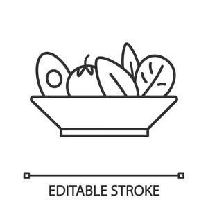 沙拉线性图标。 健康的营养。 细线插图。 素食。 餐厅或咖啡馆菜单。 沙拉吧。 正确的商务午餐菜单。 轮廓符号。 矢量孤立轮廓绘