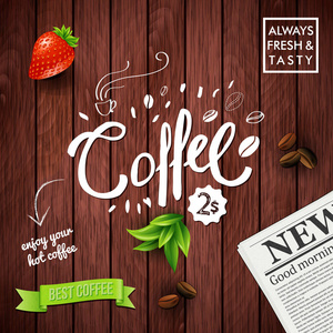 背景与早咖啡概念代表的文本报纸，水果横幅上的木板背景