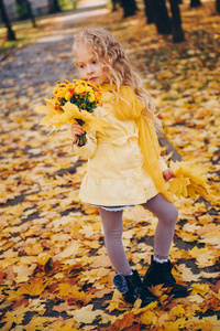 金色头发的小美丽的女孩在秋季背景