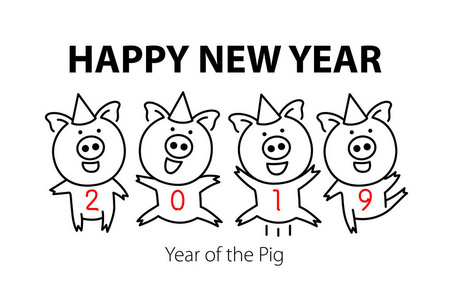 可爱有趣的猪。 新年快乐。 中国象征2019年。 画四只猪跳舞庆祝红色艺术