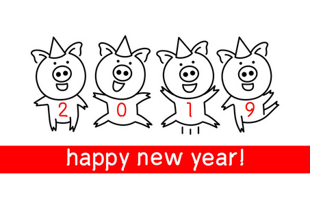 可爱有趣的猪。新年快乐。中国象征2019年。画四只猪跳舞庆祝红色艺术