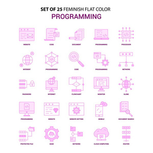 一套25个女性编程平面彩色粉红图标集