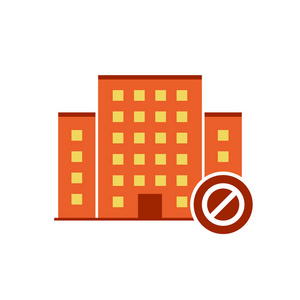 建筑物图标向量与不允许的符号。城市房地产图标和街区, 禁止, 禁止符号
