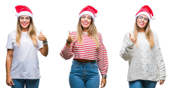 拼贴年轻漂亮的女人戴着圣诞帽在孤立的背景上，用手做快乐的竖起大拇指的手势。 赞许的表情看着相机，显示出成功。