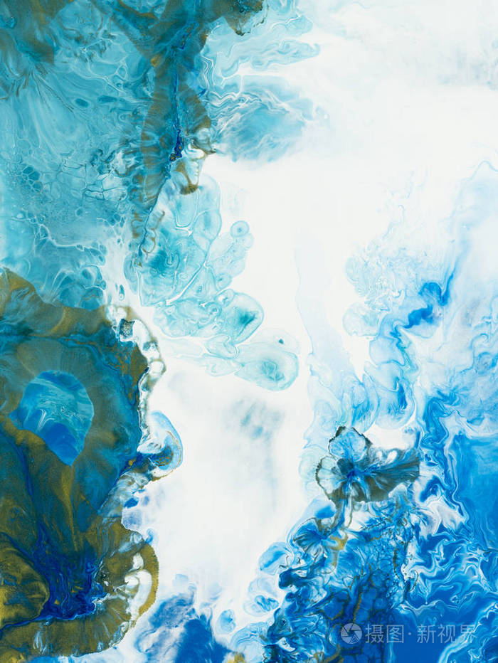 蓝色和金色创意抽象手绘背景大理石纹理抽象海洋碎片的丙烯酸绘画画布