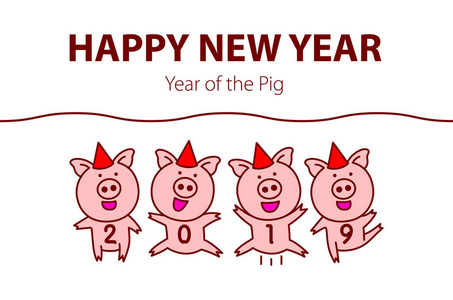 可爱有趣的猪。 新年快乐。 中国象征2019年。 矢量黑线画四只猪跳舞庆祝红色