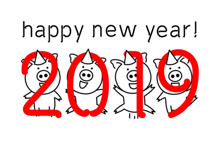 可爱有趣的粉红色猪。 新年快乐。 中国象征2019年。 画四只猪跳舞庆祝艺术