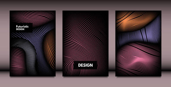 抽象波浪形的3d 效果。封面设计模板设置具有鲜明的渐变和波浪条纹的最小样式。带有扭曲线条的矢量抽象。波浪形的封面, 小册子, 书