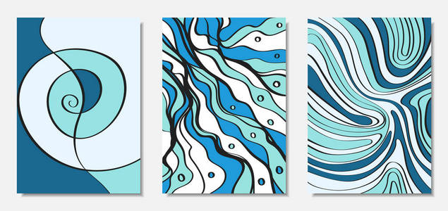 蓝色抽象背景与手写波浪线和形状, 螺旋, 点.创意的时髦插画.乱 涂.