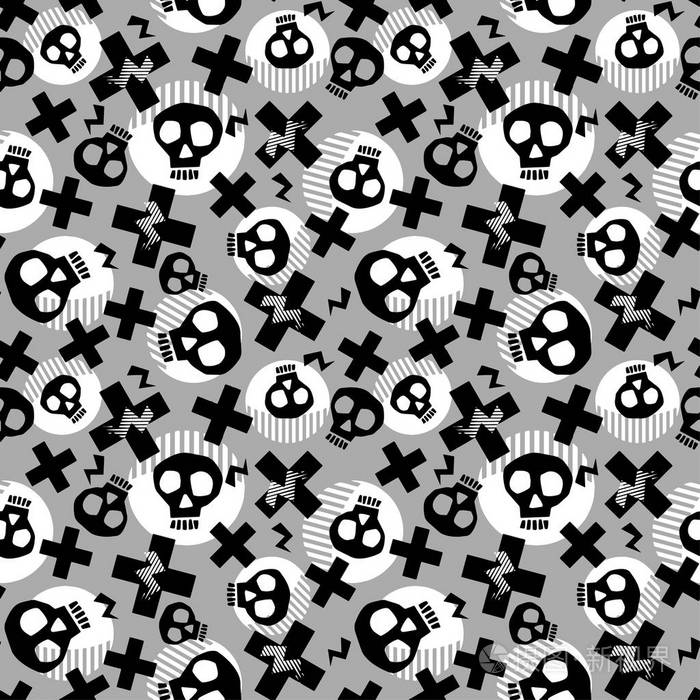 朋克无缝图案与格朗格大胆描绘的时髦头骨.