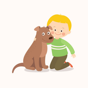 小男孩, 孩子, 孩子与一个棕色的狗朋友, 同伴