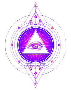 神圣的几何符号，所有的眼睛都孤立在白色上。 神秘的炼金术神秘的概念。 设计独立音乐专辑封面t恤打印Boho海报传单。 占星术萨满