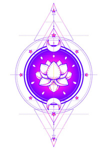 莲花和神圣的几何学。 阿育吠陀和谐平衡和宇宙的象征。 纹身肉设计瑜伽标志。 波霍印刷海报T恤纺织品。 抗压力书。 孤立矢量插图