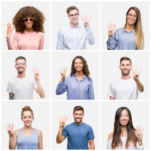 拼贴的一群年轻人，女人和男人在白色的背景上，用手指第四，同时微笑，自信和快乐。