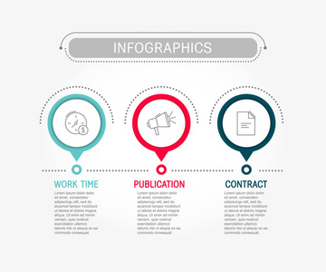 现代矢量插图。 包含三个元素圆圈和文本的信息模板。 时间表一步地。 设计用于商业演示，网页设计图培训，有3个步骤。