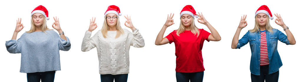 拼贴的年轻美丽的金发女人戴着圣诞帽，戴着白色的孤立的背罩，放松和微笑，闭上眼睛，用手指做冥想的手势。 瑜伽概念。