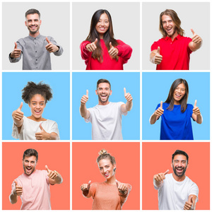 一群年轻人在五颜六色的孤立背景上拼贴，赞成用手竖起大拇指做积极的手势，微笑，为成功而高兴。 看着相机赢家的手势。