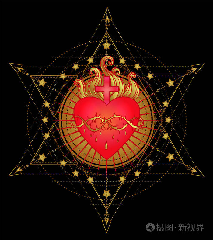 神圣的耶稣之心与光芒. 矢量插图在红色和黄金隔离. 时尚的复古风格元