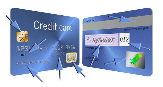 这里有一个例子，它的特点是信用卡上的安全特性，包括全息磁条和EMV芯片。