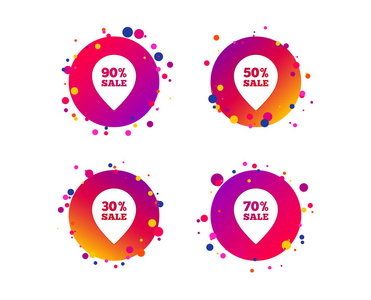 销售指针标签图标。 折扣特价符号。 30，50，70和90的销售标志。 带有图标的渐变圆按钮。 随机点设计。 向量
