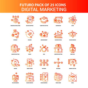 橙色未来25数字营销图标集