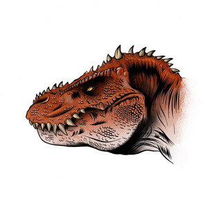 张开嘴的恐龙头的素描. 暴龙. 手绘插图转换为照片