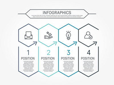 现代线矢量插图。 具有四个元素六边形和文本的信息模板。 时间表一步地。 设计用于商业演示，网页设计图培训，有4个步骤。