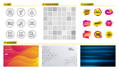 无缝图案。 商场横幅。 一组反馈网络讲座和代理图标。 互联网报告创造性的想法和演讲者的标志。 份额核对计算和私人支付符号