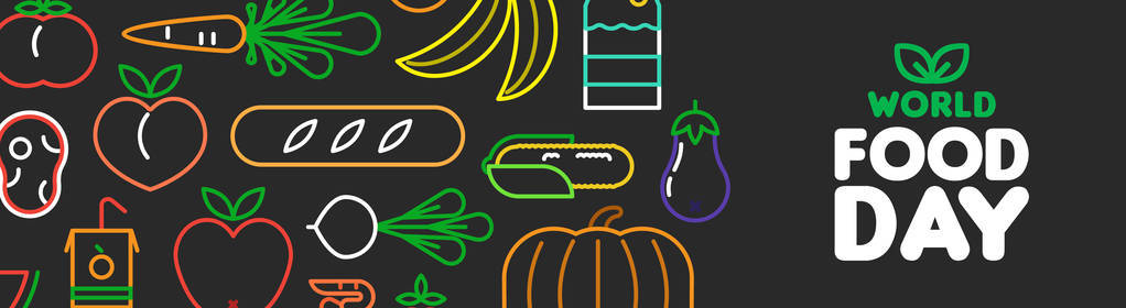 世界食品日网络横幅插图营养和健康饮食与彩色轮廓风格图标。 包括蔬菜水果面包肉。