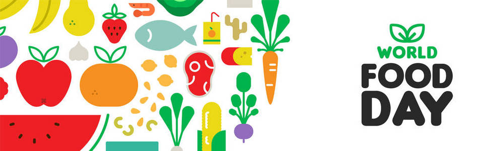 世界食品日网络横幅插图营养和健康饮食与彩色平面卡通图标。 包括蔬菜水果面包肉。