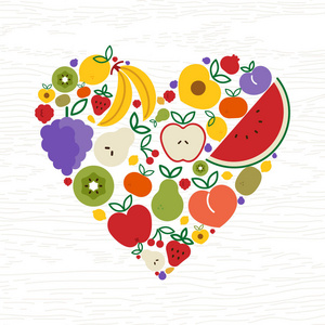水果图标为健康饮食或有机食品概念制作心形。 包括苹果橘子香蕉西瓜草莓等。