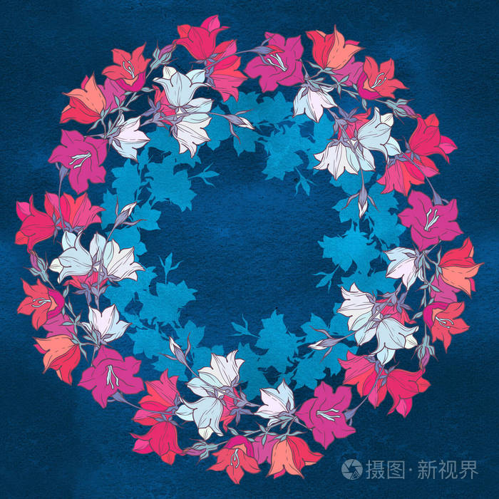 花卉和花卉元素的圆形万花筒. 花环. 设计卡. 水彩背景