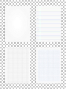 透明背景上的一套白纸。 办公供应对象为业务背景。 矢量图。