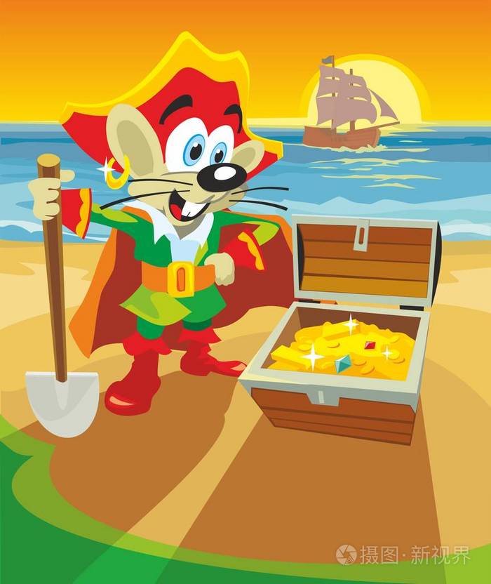 漫画老鼠海盗找到了一个宝藏. 矢量平面插图.