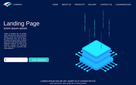 网站登陆页面矢量模板..蓝色背景与计算机处理器等距概念图示