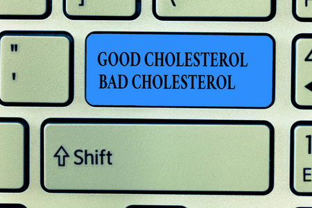 手写文本写好胆固醇坏胆固醇。概念意味着血液中的脂肪来自我们吃的食物