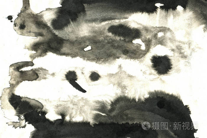 抽象的黑色墨水污渍。 水彩纸上的中国水墨背景。