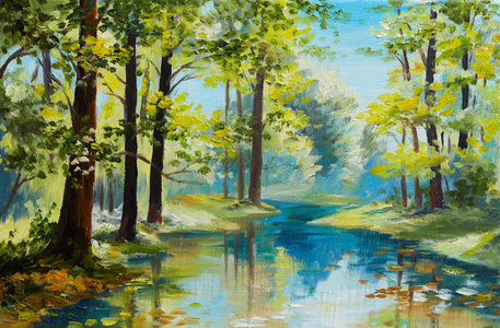 油画景观森林中的河流, 夏日