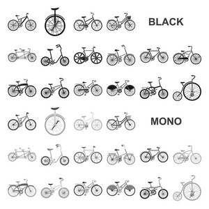 各种自行车黑色图标集合中的设计。运输媒介符号股票的类型 web 插图