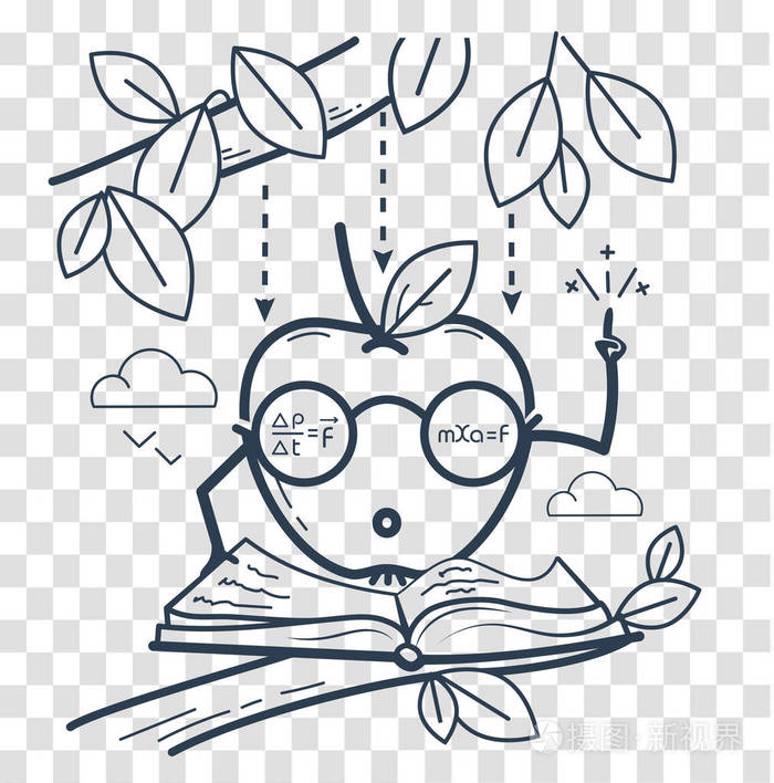 插画 知识科学学习的概念,以一个有趣的牛顿苹果的形式. 黑白插图.