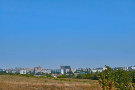 大城市的全景，在一个夏天的森林边缘有高高的砖房