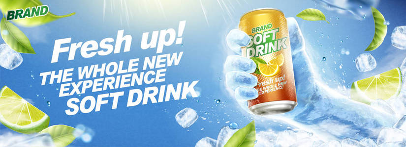 清爽软饮料横幅广告与冷冻手握饮料在3插图。