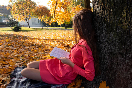 美丽的年轻黑发女孩坐在秋天落叶公园看书。