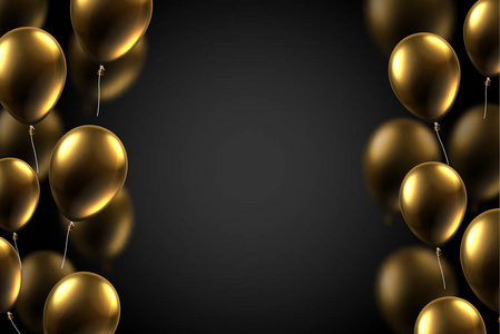 黑色节日海报与金色光泽气球。 假日装饰。 背景